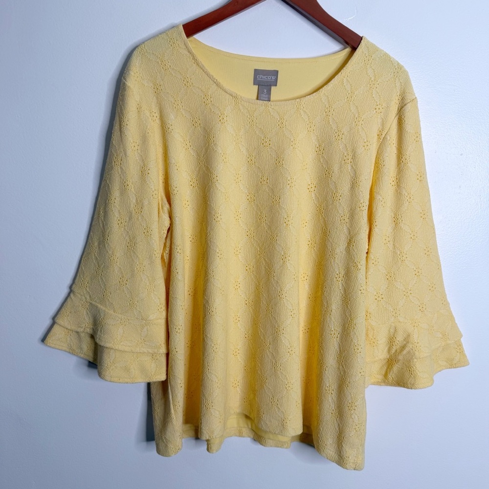 Chico’s Yellow‎ Embroidered Blouse With Bell Cuff Stretch Lined XL Chico’s 3